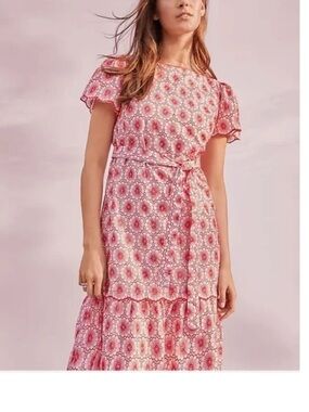 Ann Taylor Red Eyelet Floral Tie-Waist Dress